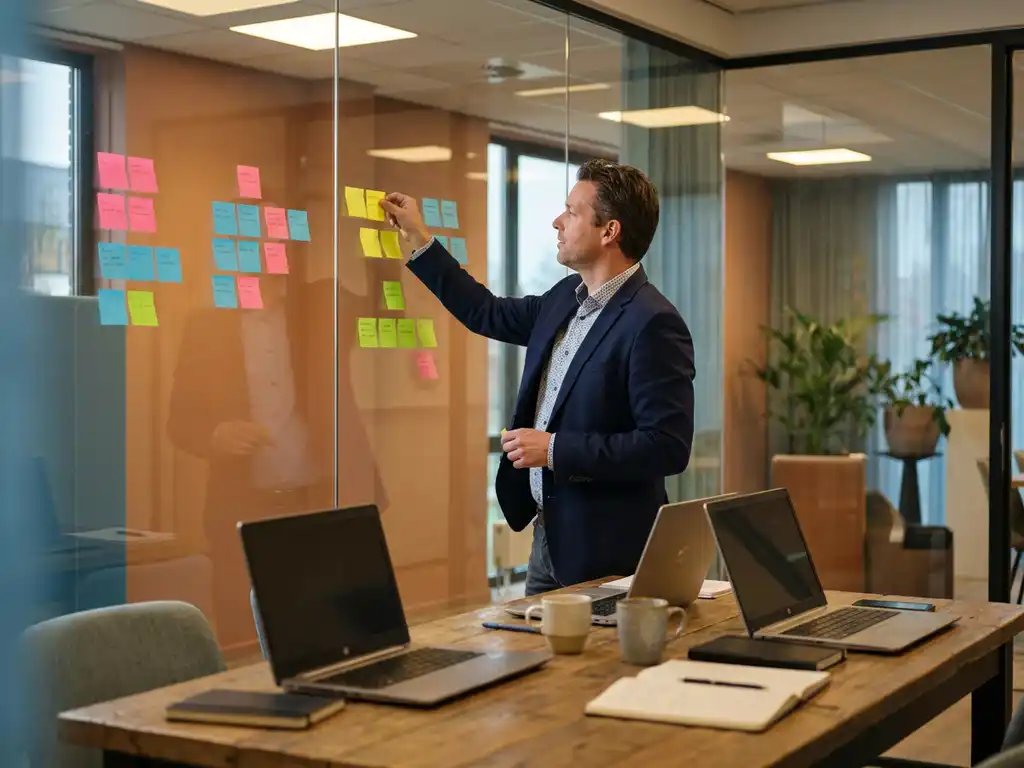IT-Berater klebt bunte Haftnotizen an Glaswandtafel in modernem Konferenzraum mit Laptops und Kaffeetassen