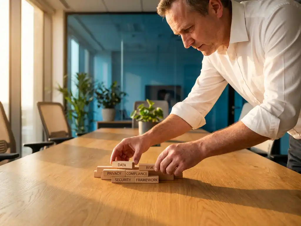 IT-Berater in weißem Hemd ordnet vernetzte Holzbausteine auf Konferenztisch an, die Governance-Elemente darstellen