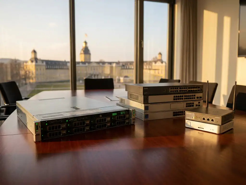 IT-Geräte wie Server, Netzwerk-Switches und Sicherheitshardware auf Mahagoni-Konferenztisch mit Karlsruher Schloss im Hintergrund