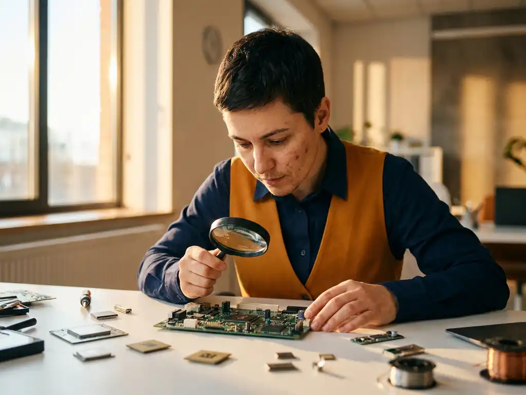 IT-Spezialist untersucht Leiterplattenmuster mit Lupe an modernem Arbeitsplatz mit Mikrochips und Komponenten