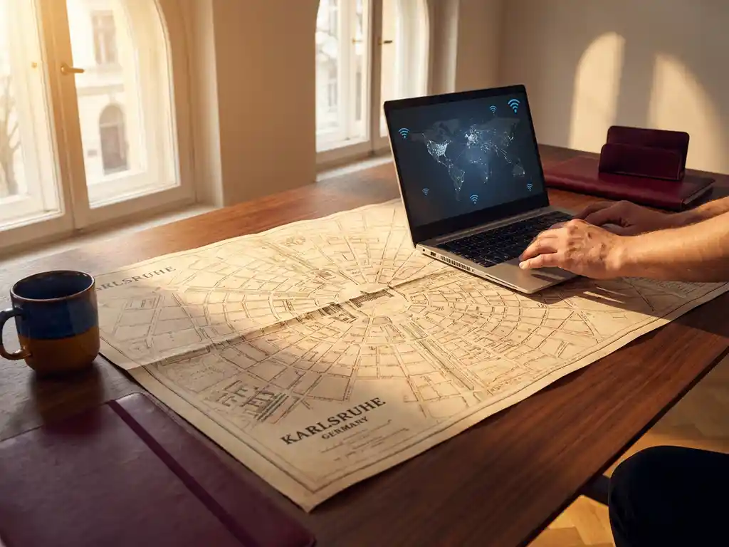 Moderner Büroschreibtisch mit aufgeschlagener Karlsruhe-Stadtkarte und Laptop mit Netzwerk-Symbolen bei goldenem Sonnenlicht