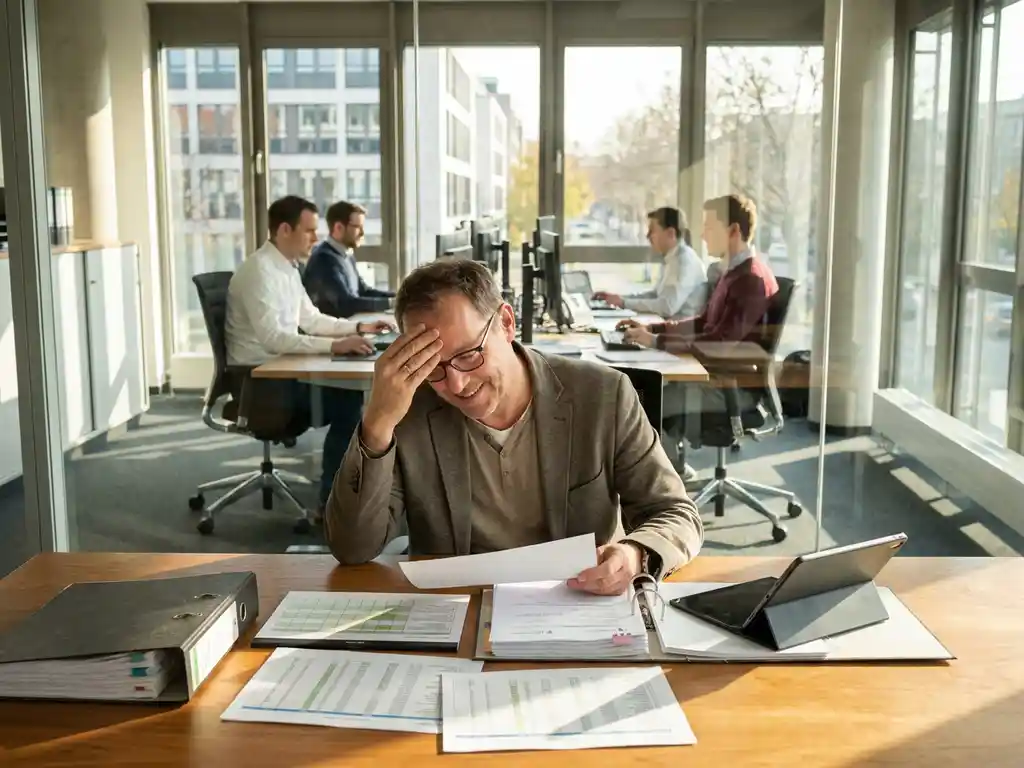 Karlsruher Geschäftsinhaber prüft Finanzdokumente am Schreibtisch, IT-Team arbeitet im Hintergrund in hellem Büro
