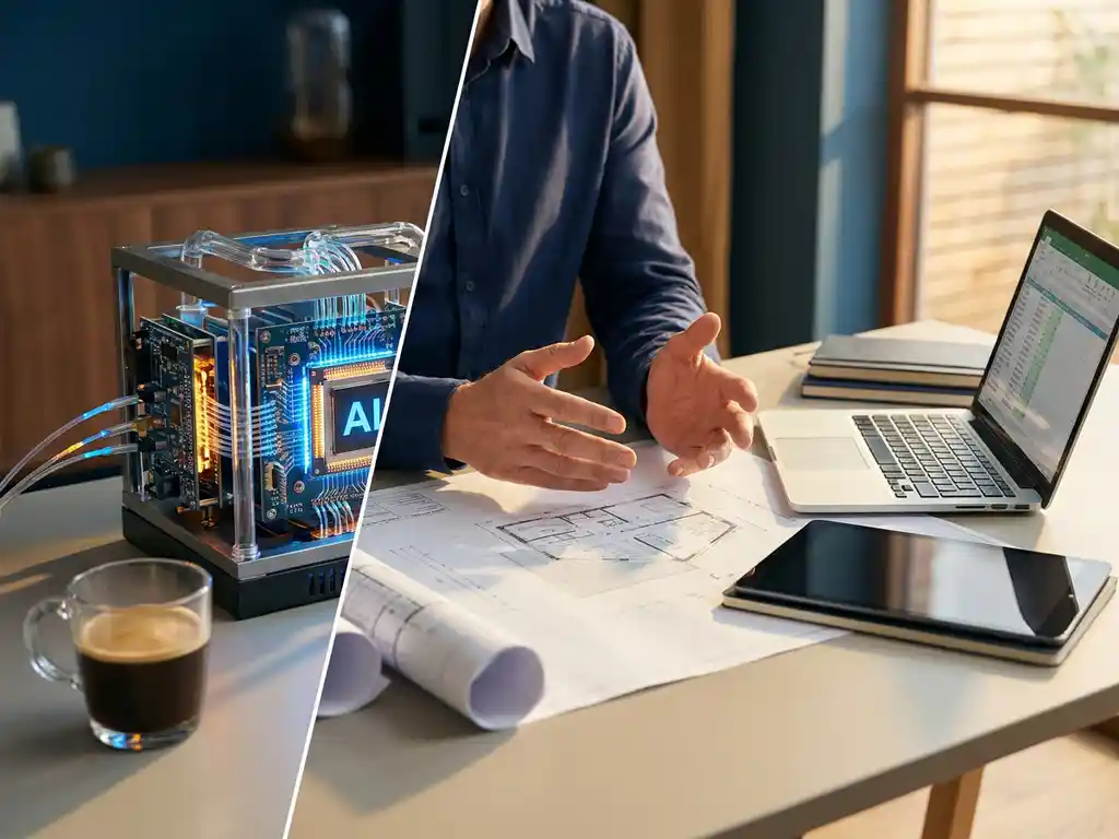Moderner Bürotisch mit KI-Hardware und digitalen Geräten, Beraterhand über Bauplänen, warmes Fensterlicht
