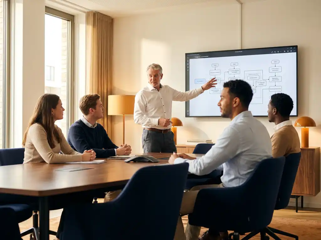 IT-Berater erklärt jungen Fachkräften AI-Workflow-Diagramme am Monitor in modernem Konferenzraum