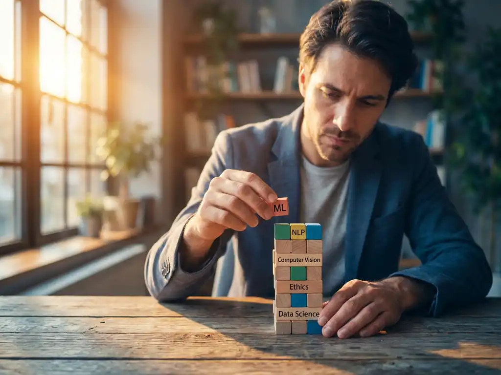 Professioneller baut konzentriert bunten Holzklötze-Turm am modernen Schreibtisch, warmes Tageslicht beleuchtet Arbeitsplatz