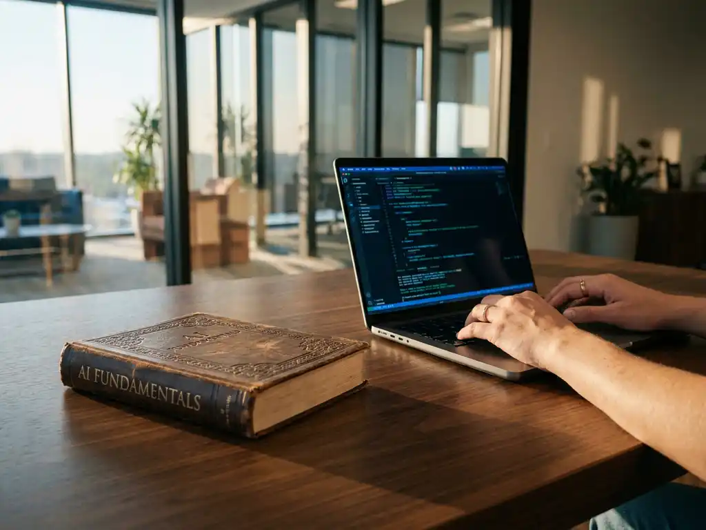 Verwittertes Lederhandbuch "AI Fundamentals" neben modernem Laptop mit Code auf Walnussschreibtisch im Büro