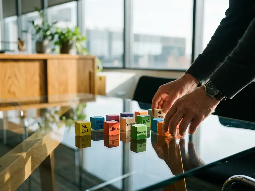Berater arrangiert bunte Holzblöcke mit KI-Kompetenzen auf Glastisch im modernen Büro mit natürlichem Licht