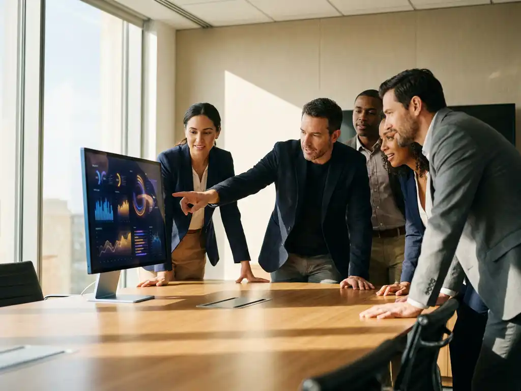 Trainer zeigt auf Computermonitor mit bunter KI-Benutzeroberfläche während Geschäftsleute aufmerksam am Konferenztisch zuhören