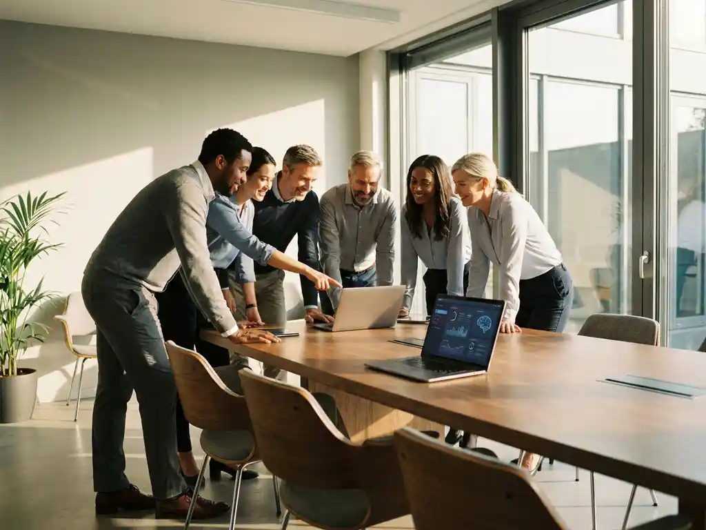 Vielfältiges Professionellen-Team arbeitet gemeinsam am Laptop mit KI-Interface in modernem Konferenzraum mit Glaswänden