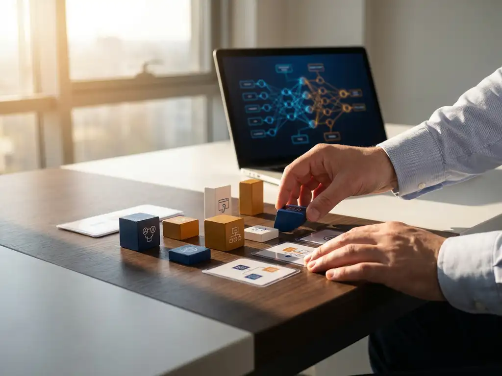 Hände arrangieren bunte geometrische Lernmodule auf modernem Schreibtisch mit Laptop und KI-Diagrammen im Hintergrund