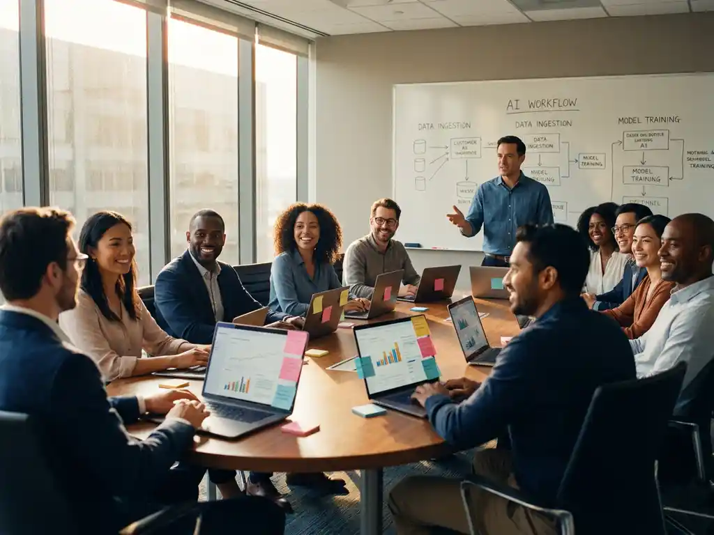 Diverse Fachkräfte diskutieren KI-Workflow-Diagramme am Konferenztisch mit Laptops und bunten Haftnotizen