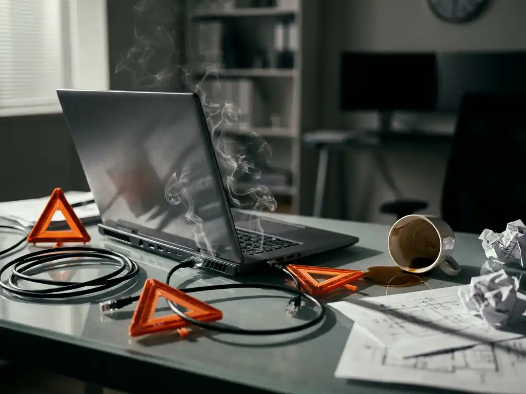 Laptop mit Rauch aus Lüftungsschlitzen umgeben von Warnzeichen, umgestürzter Kaffeetasse und Kabeln auf Glasschreibtisch