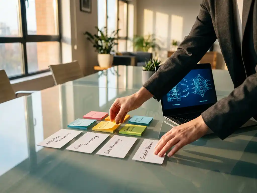 Professionelle Person ordnet bunte Haftnotizen und Karteikarten mit Lernkonzepten auf Glastisch, Laptop mit neuronalen Netzwerken