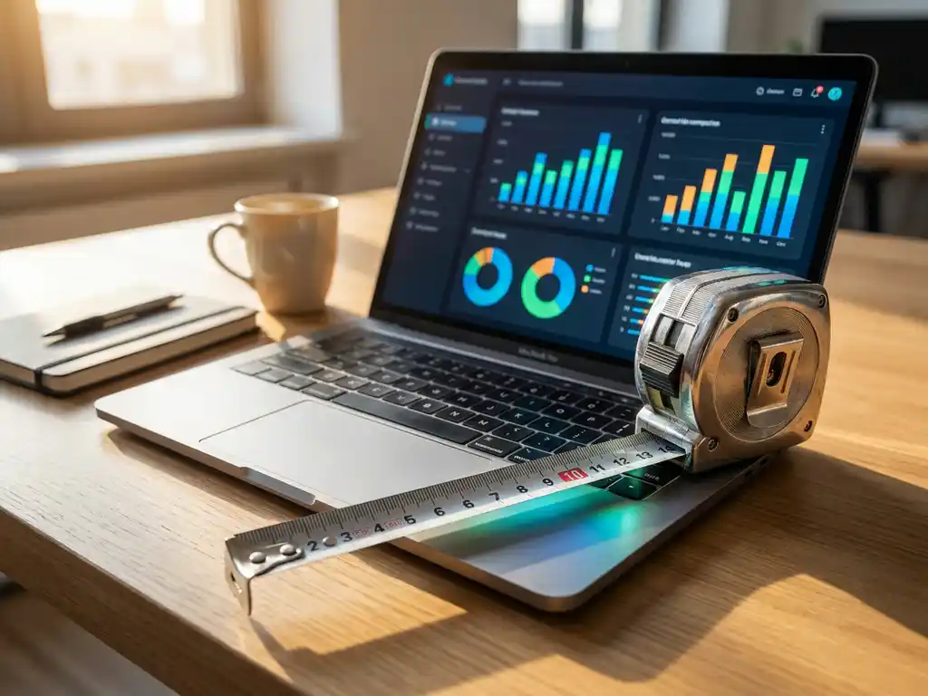 Maßband über Laptop mit bunten Fortschrittsdiagrammen und Analytics-Dashboards auf modernem Büroschreibtisch