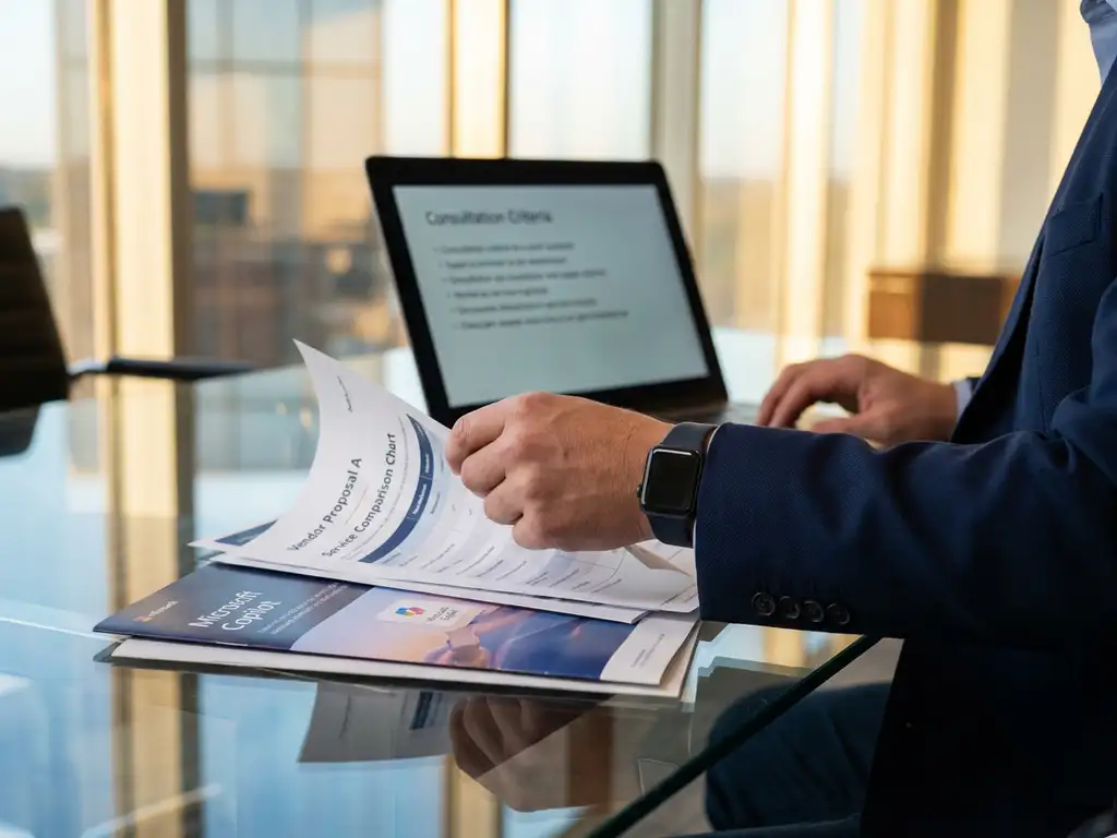 IT-Berater prüft Microsoft Copilot-Broschüren und Anbietervergleiche auf Glasschreibtisch bei warmem Tageslicht