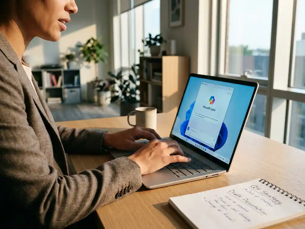 Büroangestellter tippt auf Laptop mit Microsoft Copilot-Oberfläche am modernen Schreibtisch mit Kaffeetasse und Notizblock