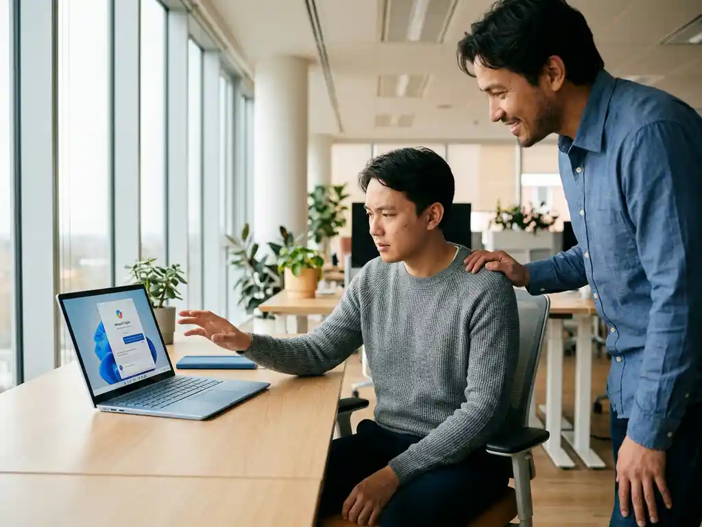 Zögerlicher Büroangestellter greift vorsichtig zu Laptop mit Microsoft Copilot, während unterstützender Kollege ermutigt