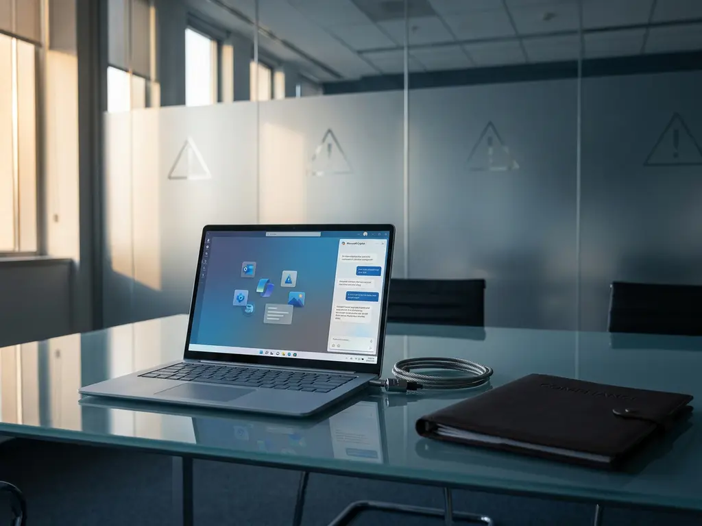 Moderner Laptop mit Microsoft Copilot-Interface auf Glastisch mit Sicherheitsschloss und Compliance-Ordner im Büro