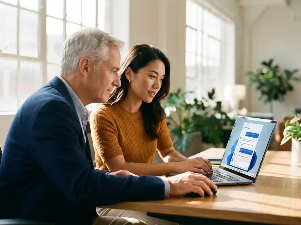 Erfahrener Berater mit grauem Haar und jüngerer Kollege arbeiten gemeinsam am Laptop mit Microsoft Copilot Interface