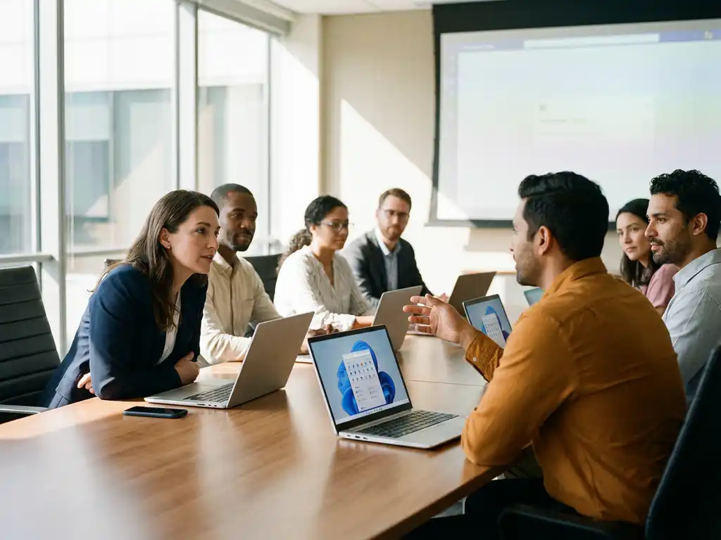 Diverse Fachkräfte diskutieren um Konferenztisch mit geöffneten Laptops in hellem modernen Büro