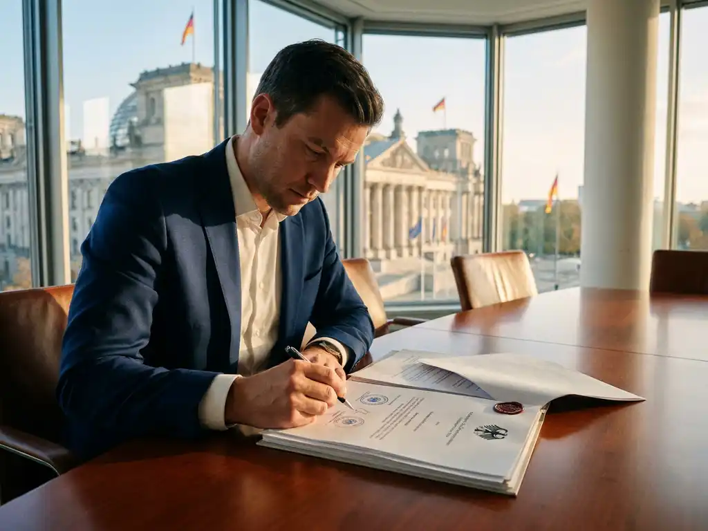 Berater in marineblauem Anzug prüft Regierungsdokumente mit Siegeln am Konferenztisch in modernem Behördenbüro
