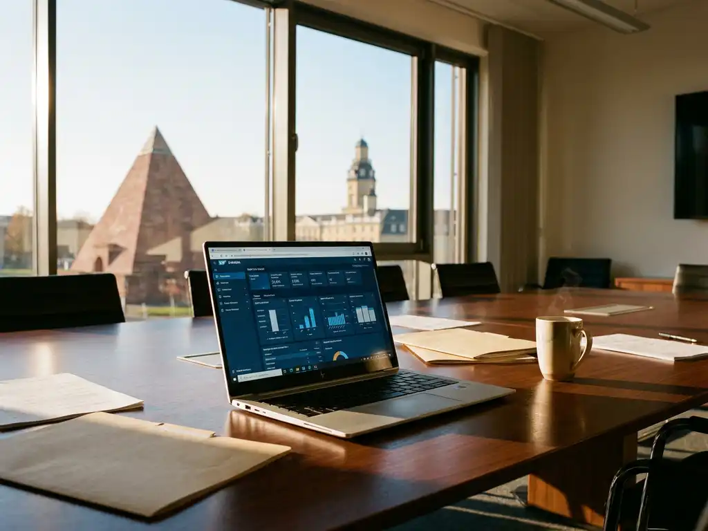 Laptop mit SAP-Software auf Konferenztisch in Karlsruher Büro mit Blick auf Pyramide und Schlossturm durch Fenster