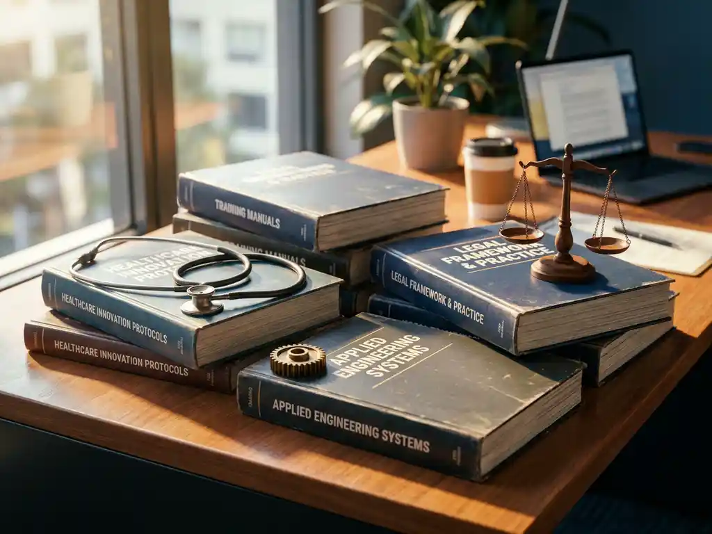 Fachspezifische Ausbildungshandbücher auf modernem Bürotisch mit Stethoskop, Zahnrad und Waagensymbol bei warmem Fensterlicht