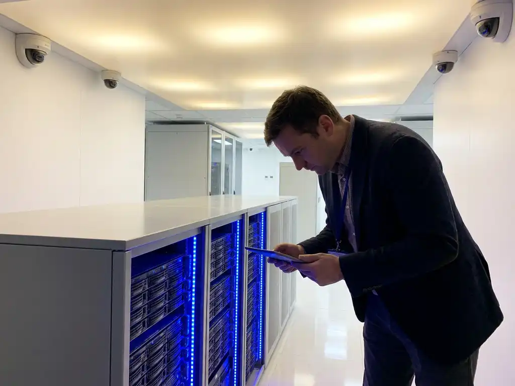 IT-Techniker überprüft Sicherheitsprotokolle auf Tablet in modernem Rechenzentrum mit leuchtenden blauen Servern