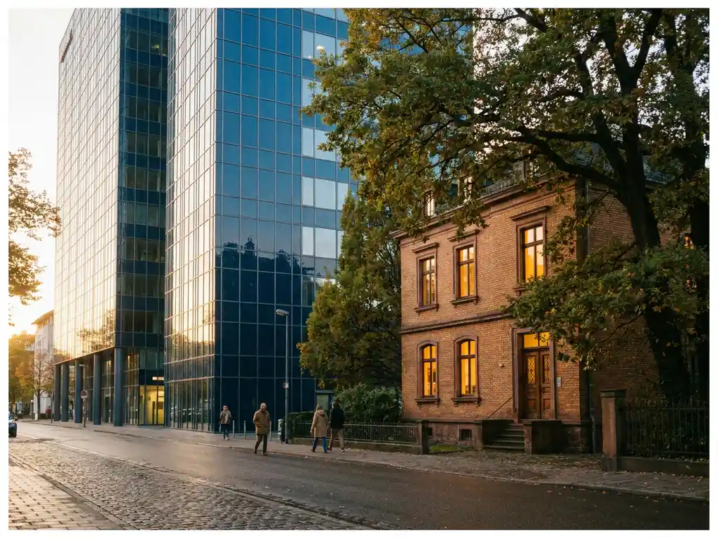 Modernes Glasgebäude und gemütliches Backsteinhaus an einer ruhigen Karlsruher Straße mit Eichen zur goldenen Stunde