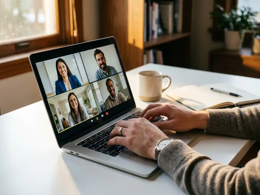 Berater tippt auf Laptop während Videokonferenz mit mehreren Teilnehmern in Home-Offices, weißer Schreibtisch mit Kaffeetasse