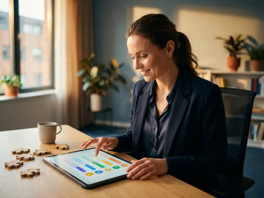 Geschäftsfrau am modernen Schreibtisch mit Tablet, das Fortschrittsbalken und Erfolgsabzeichen zeigt, Holzpuzzleteile daneben