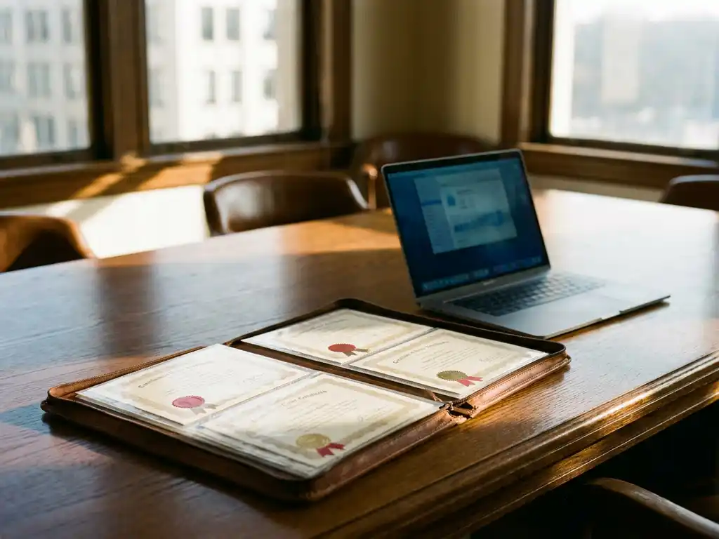 Offene Ledermappe mit Zertifikaten und Auszeichnungen neben Laptop auf Eichenkonferenztisch im warmen Bürolicht