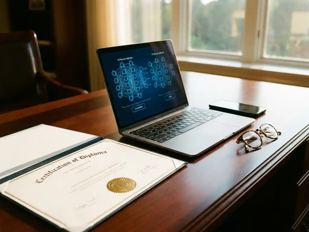 Professionelles Zertifikatsdiplom mit Siegel auf Mahagoni-Schreibtisch neben Laptop mit KI-Netzwerkdiagrammen, Smartphone und Brille im warmen Bürolicht