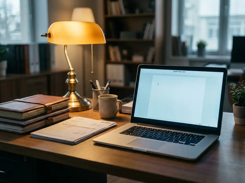 Aufgeräumter Buchhalter-Schreibtisch mit Laptop, Finanzunterlagen und warmem Schreibtischlicht in ruhiger Arbeitsatmosphäre.