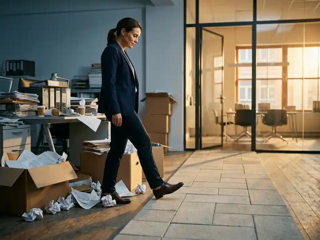 Geschäftsprofi macht ersten Schritt von einem unordentlichen Büro in einen modernen, minimalistischen Arbeitsbereich im warmen Gegenlicht.