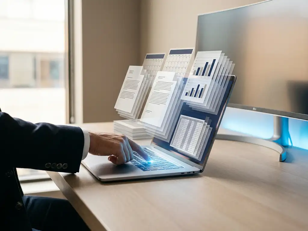 Fachkraft drückt leuchtende Laptop-Taste, während Dokumente, Kalender und Tabellen sich auf modernem Büroschreibtisch ordnen.