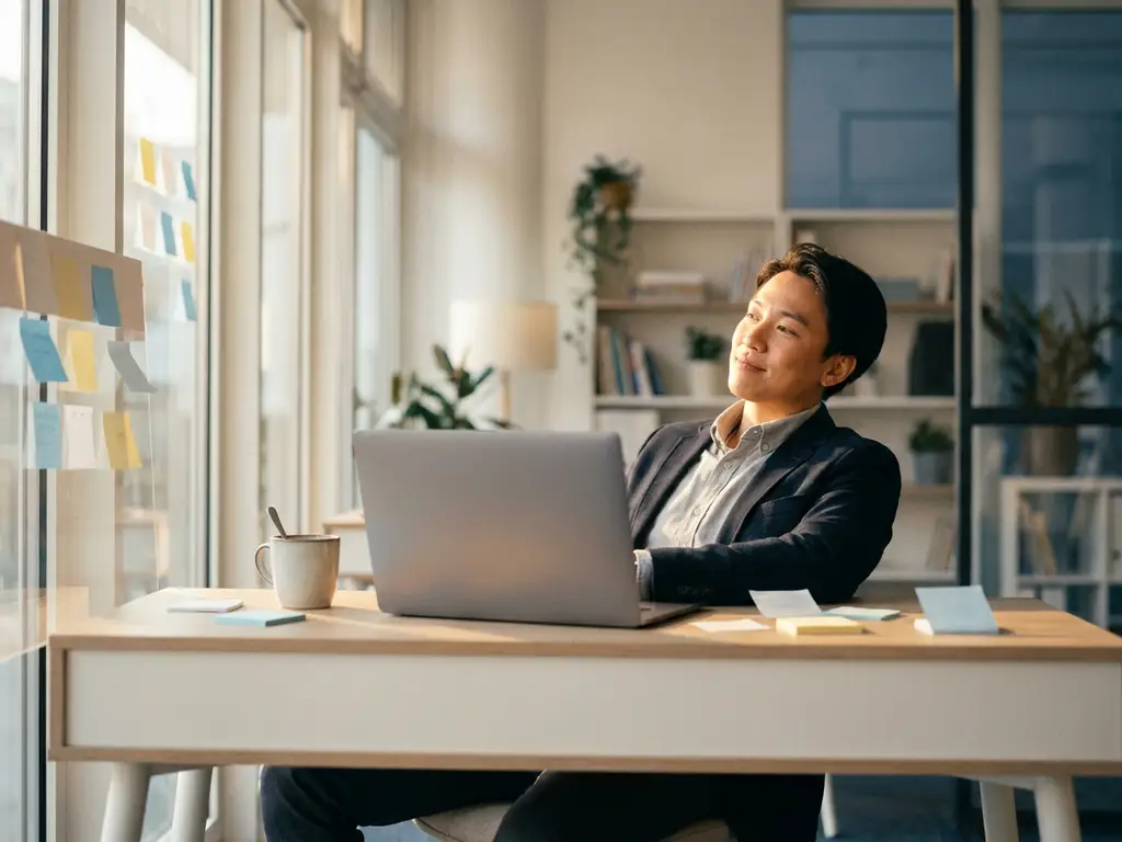 Entspannte Fachkraft am modernen Schreibtisch mit Laptop, Haftnotizen und Kaffeetasse im warmen Morgenlicht eines Büros.
