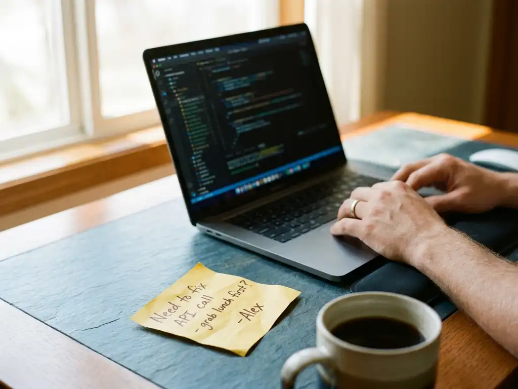 Entwicklerhände neben aufgeklapptem Laptop mit Code, handgeschriebene Haftnotiz im Vordergrund, Kaffeetasse auf modernem Schreibtisch.