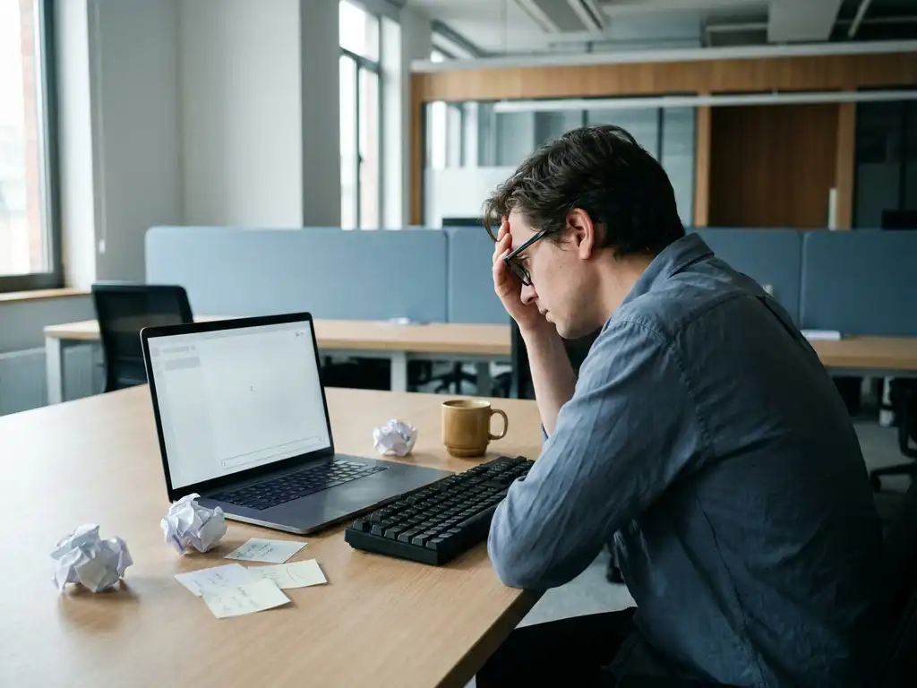 Frustrierter Büroangestellter vor leerem KI-Chatfenster auf Laptop, zerknüllte Notizen und kalter Kaffee auf modernem Schreibtisch.