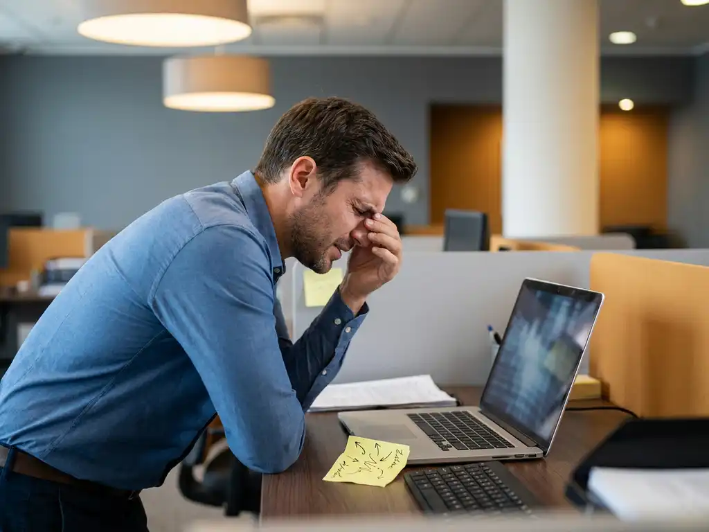 Frustrierter Profi vor Laptop mit unlesbarem Bildschirminhalt, zerknitterter Notizzettel neben der Tastatur, modernes Büro in Schieferblau und Bernstein.