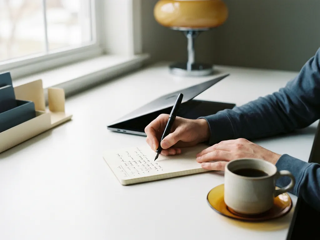 Hände schreiben strukturierte Notizen mit Aufzählungspunkten auf weißem Papier neben einem Laptop, Kaffeetasse im Hintergrund, natürliches Seitenlicht.