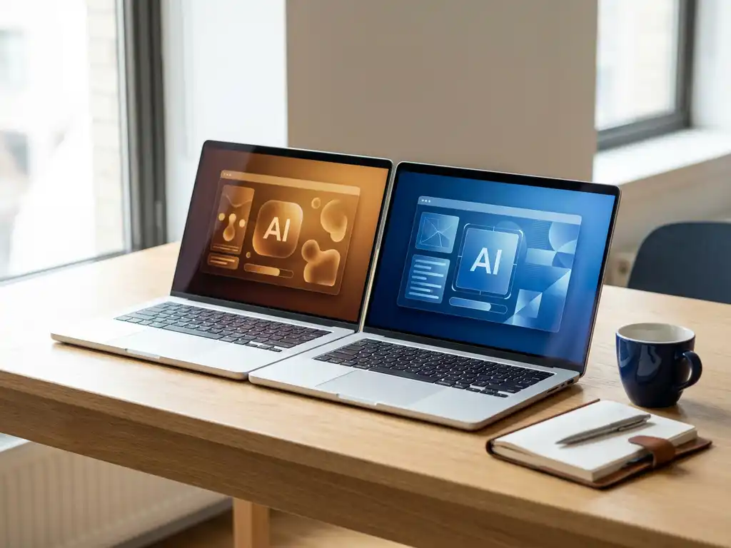 Zwei leuchtende Laptop-Bildschirme in Amber- und Blautönen auf einem modernen Schreibtisch, daneben Kaffee und Notizbuch.