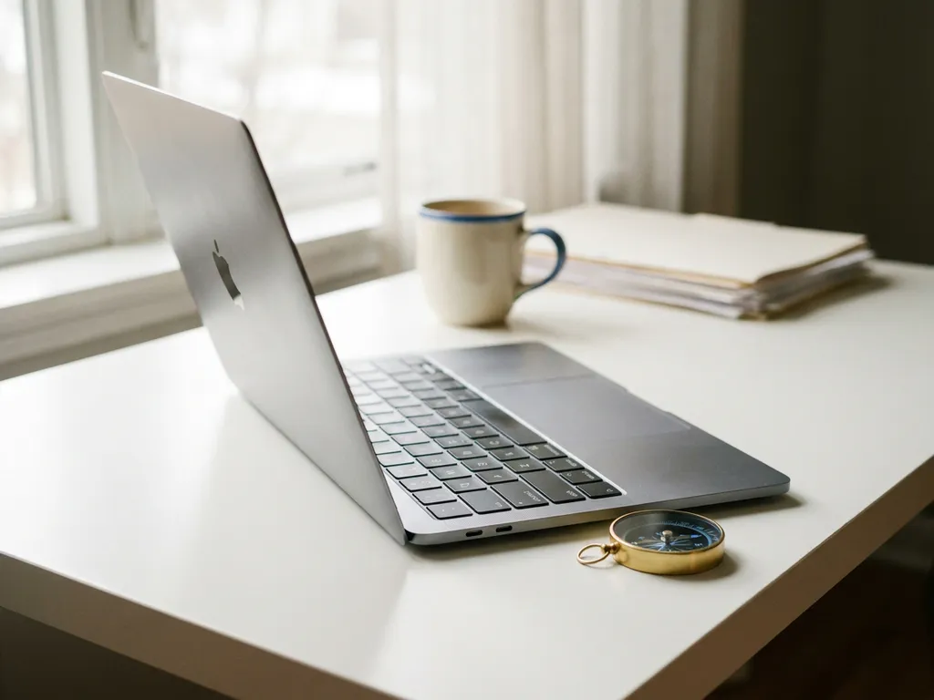Laptop und Magnetkompass auf modernem Büroschreibtisch, symbolisch für KI-gestützte Navigation, mit Kaffeetasse im Hintergrund.