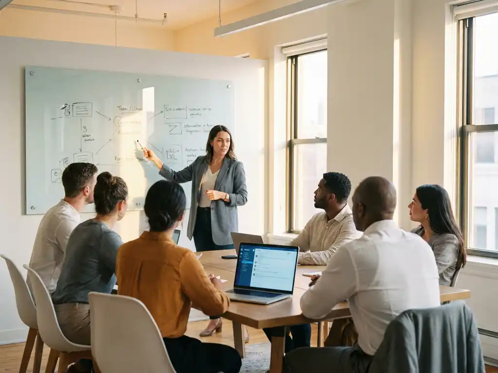 Trainer erklärt KI-Tool-Schulung an Whiteboard vor kleinem Team im modernen Konferenzbüro mit Laptop und offenem Chatfenster.