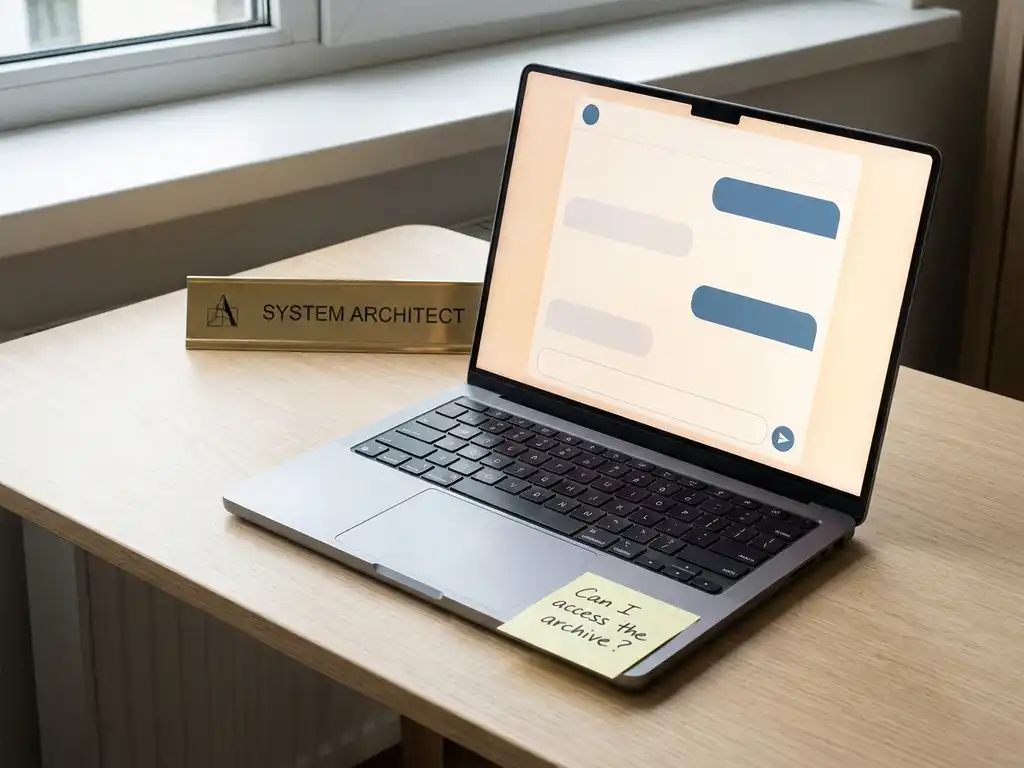 Laptop mit geöffnetem Chat-Interface auf minimalistischem Schreibtisch, Namensschild und handgeschriebener Haftnotiz im Vordergrund.
