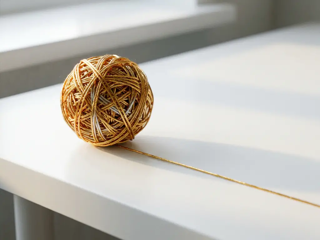 Goldener Wollfaden entwirrt sich von einer Kugel zu einer geraden Linie auf weißem Schreibtisch, symbolisiert logisches Denken.