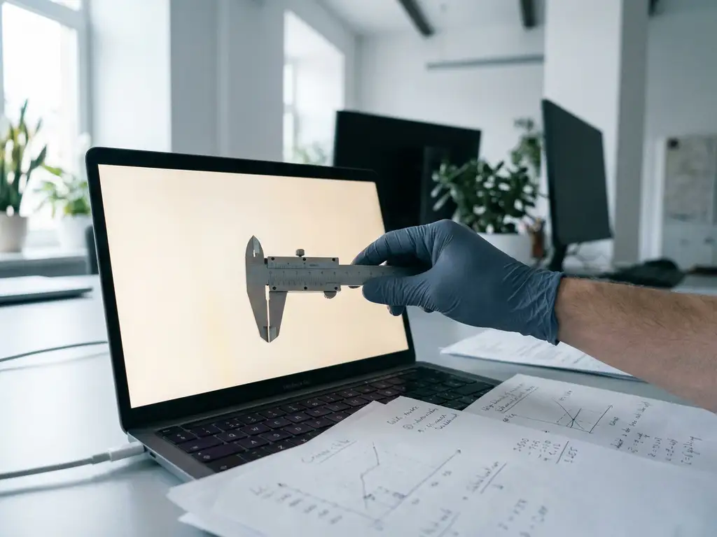 Forscher misst Laptop-Bildschirm mit Metallmessschieber, handgeschriebene Testnotizen auf Papier daneben, modernes Büro.
