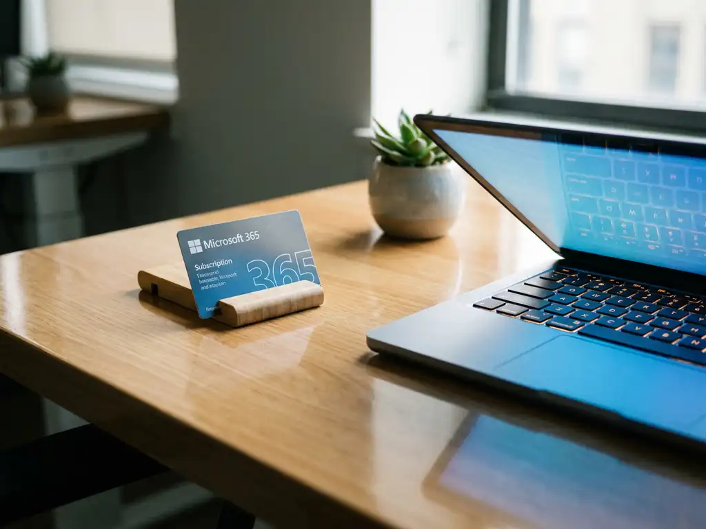 Microsoft 365-Abonnementkarte neben leuchtendem Laptop auf modernem Büroschreibtisch mit blauem Bildschirmlicht und Topfpflanze.