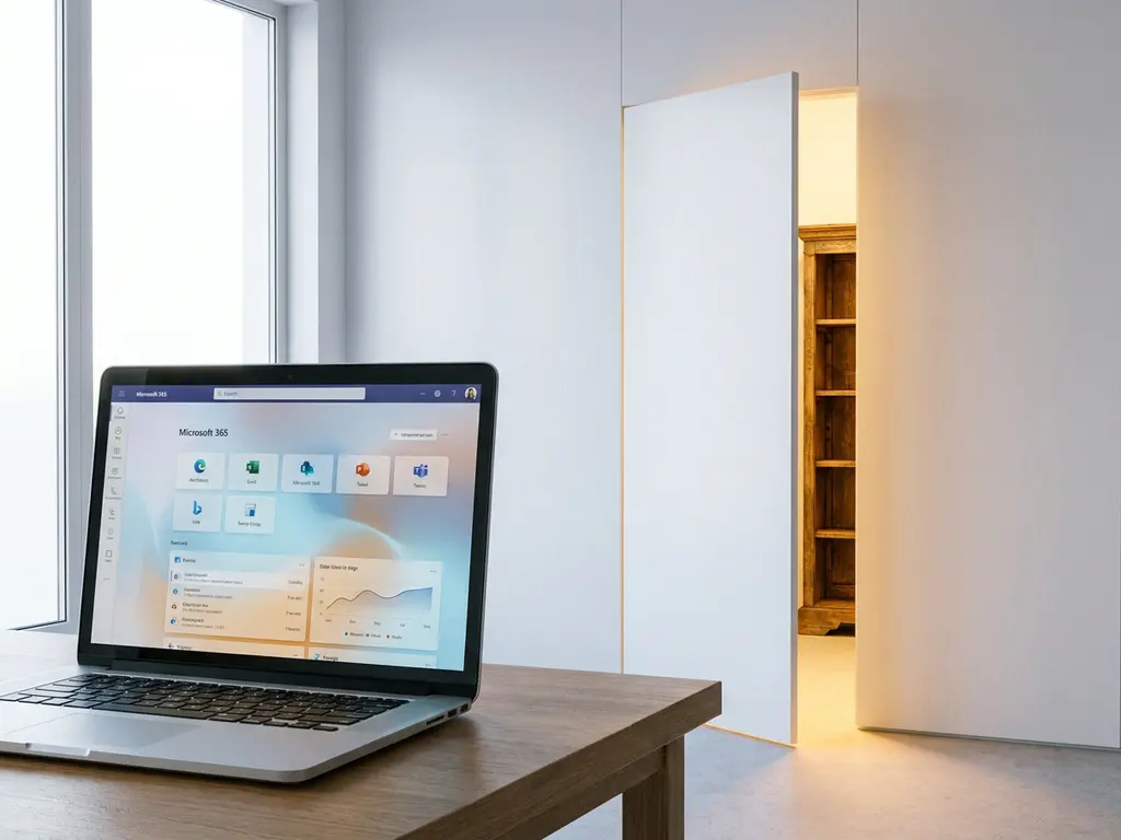Laptop mit Microsoft 365-Dashboard auf einem Schreibtisch, daneben eine angelehnte Tür in weißer Wand mit warmem Licht dahinter.