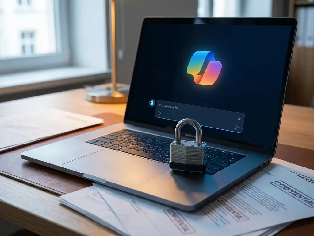 Laptop mit Microsoft Copilot-Oberfläche, Stahlvorhängeschloss auf Tastatur, vertrauliche Geschäftsdokumente darunter, Datenschutz im Büro.